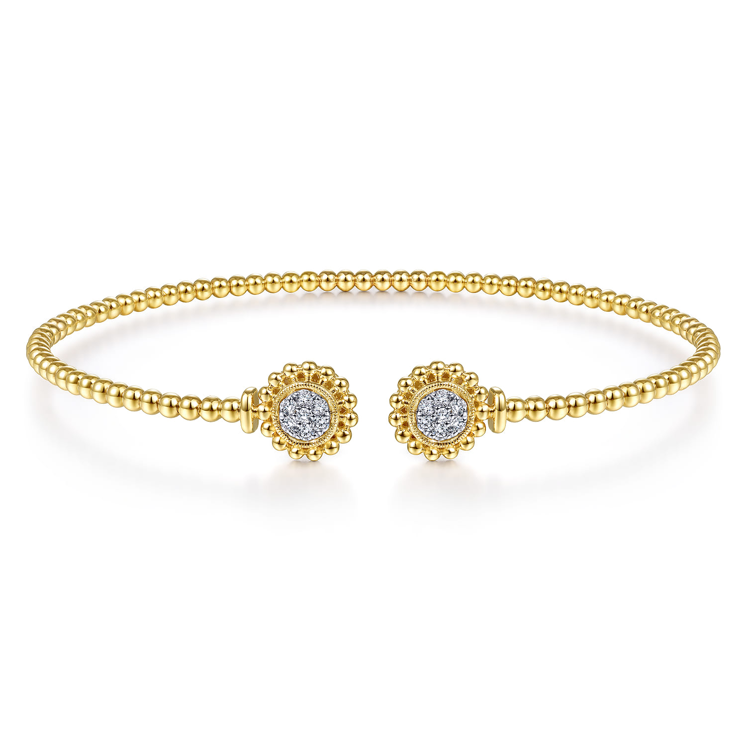 14K Yellow Gold Bujukan Split Cuff Bracelet with Diamond Pave Flower Caps - 0.18 ct - Shot 1