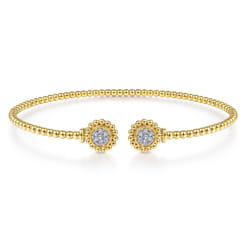 14K Yellow Gold Bujukan Split Cuff Bracelet with Diamond Pave Flower Caps