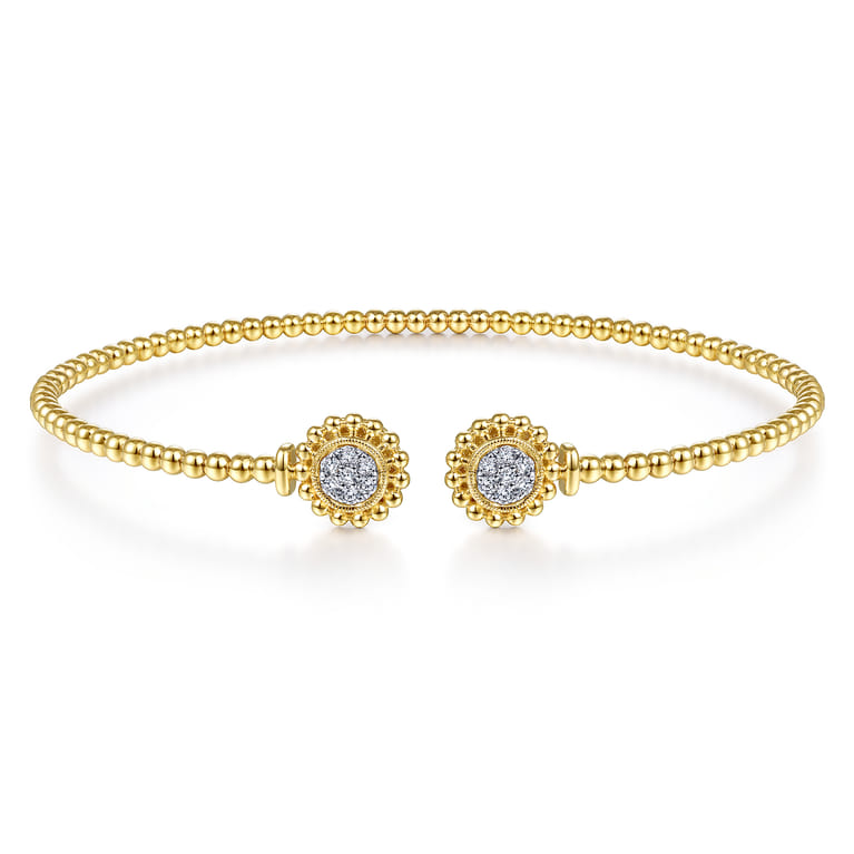 14K Yellow Gold Bujukan Split Cuff Bracelet with Diamond Pave Flower Caps - 0.18 ct - Shot 1