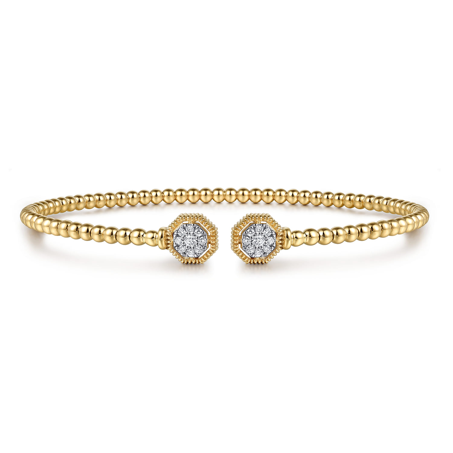 14K Yellow Gold Bujukan Split Cuff Bracelet with Diamond Pave Hexagon Caps - 0.11 ct - Shot 1