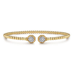 14K Yellow Gold Bujukan Split Cuff Bracelet with Diamond Pave Hexagon Caps
