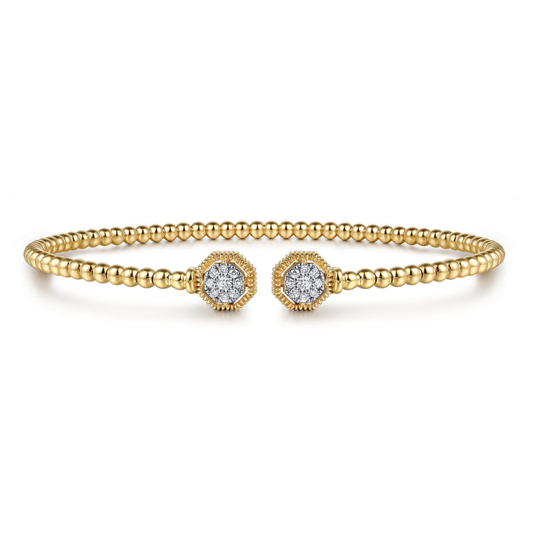 14K Yellow Gold Bujukan Split Cuff Bracelet with Diamond Pave Hexagon Caps - 0.11 ct - Shot 1