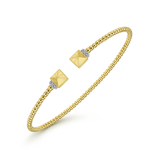 14K Yellow Gold Bujukan Split Cuff Bracelet with Pyramid and Diamond Caps - 0.07 ct - Shot 2