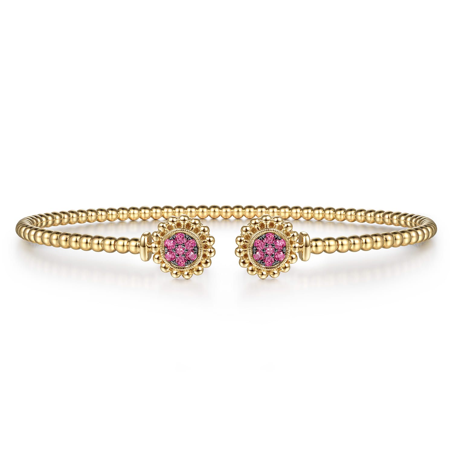 14K Yellow Gold Bujukan Split Cuff Bracelet with Ruby Pave Flower Caps - Shot 1