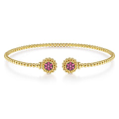 14K Yellow Gold Bujukan Split Cuff Bracelet with Ruby Pave Flower Caps