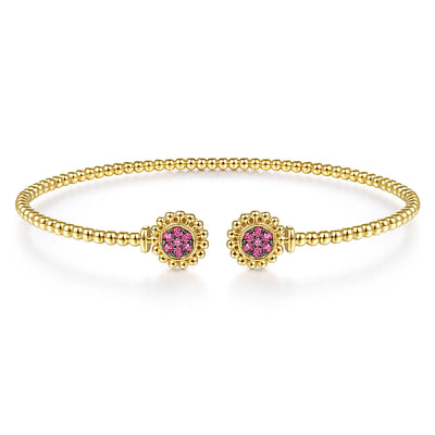 14K Yellow Gold Bujukan Split Cuff Bracelet with Ruby Pave Flower Caps
