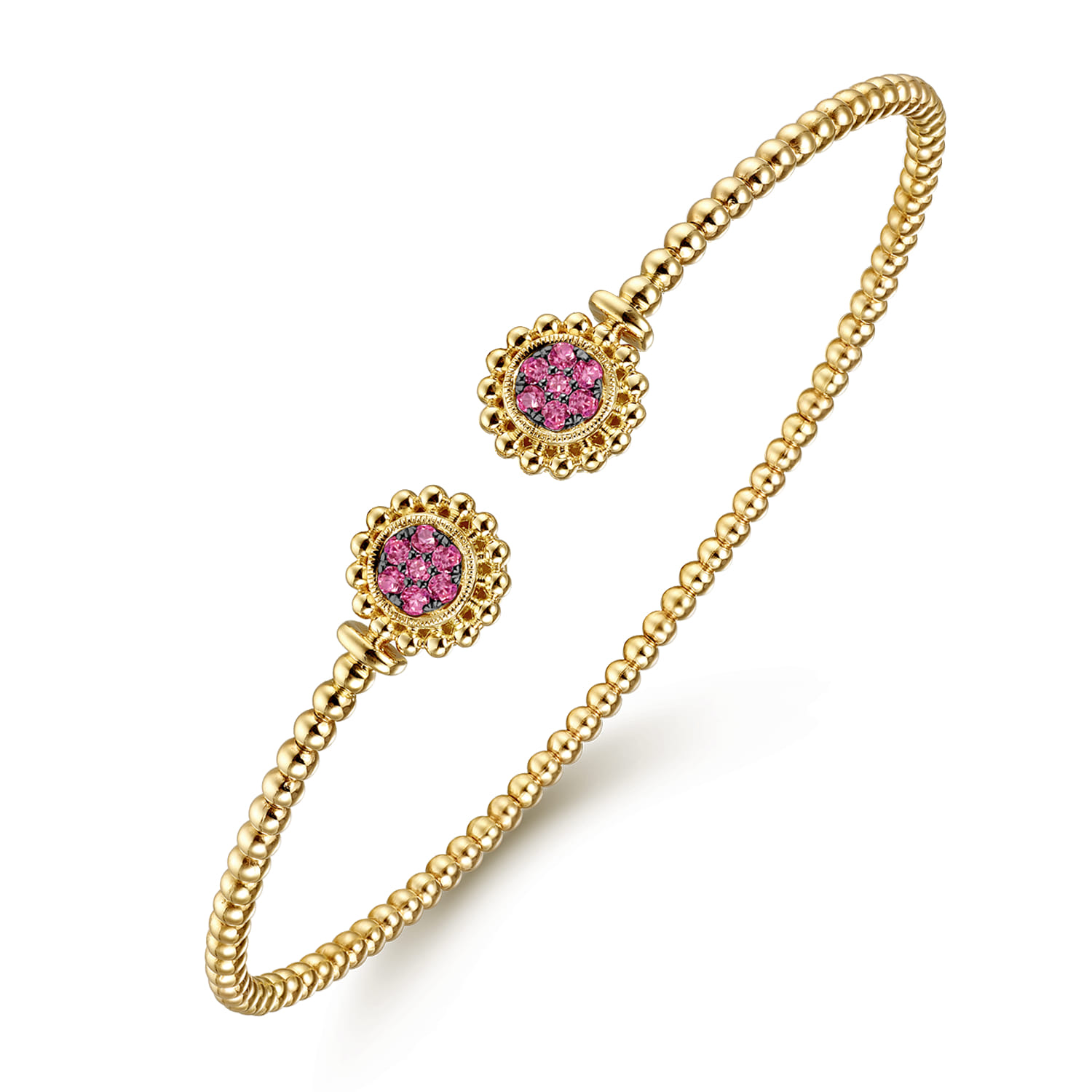 14K Yellow Gold Bujukan Split Cuff Bracelet with Ruby Pave Flower Caps - Shot 2