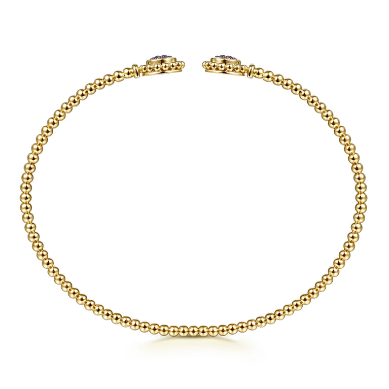 14K Yellow Gold Bujukan Split Cuff Bracelet with Ruby Pave Flower Caps - Shot 3