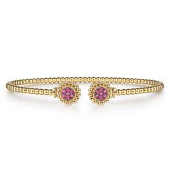 14K Yellow Gold Bujukan Split Cuff Bracelet with Ruby Pavé Flower Caps