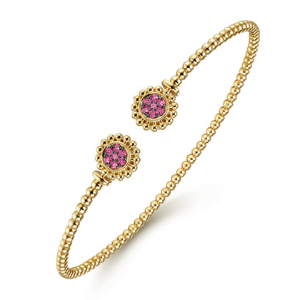 14K Yellow Gold Bujukan Split Cuff Bracelet with Ruby Pave Flower Caps