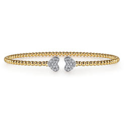 14K Yellow Gold Bujukan Split Cuff Bracelet with White Gold Pave Diamond Hearts
