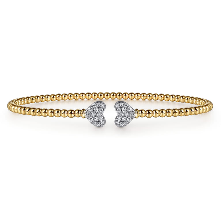 14K Yellow Gold Bujukan Split Cuff Bracelet with White Gold Pave Diamond Hearts - 0.19 ct - Shot 1