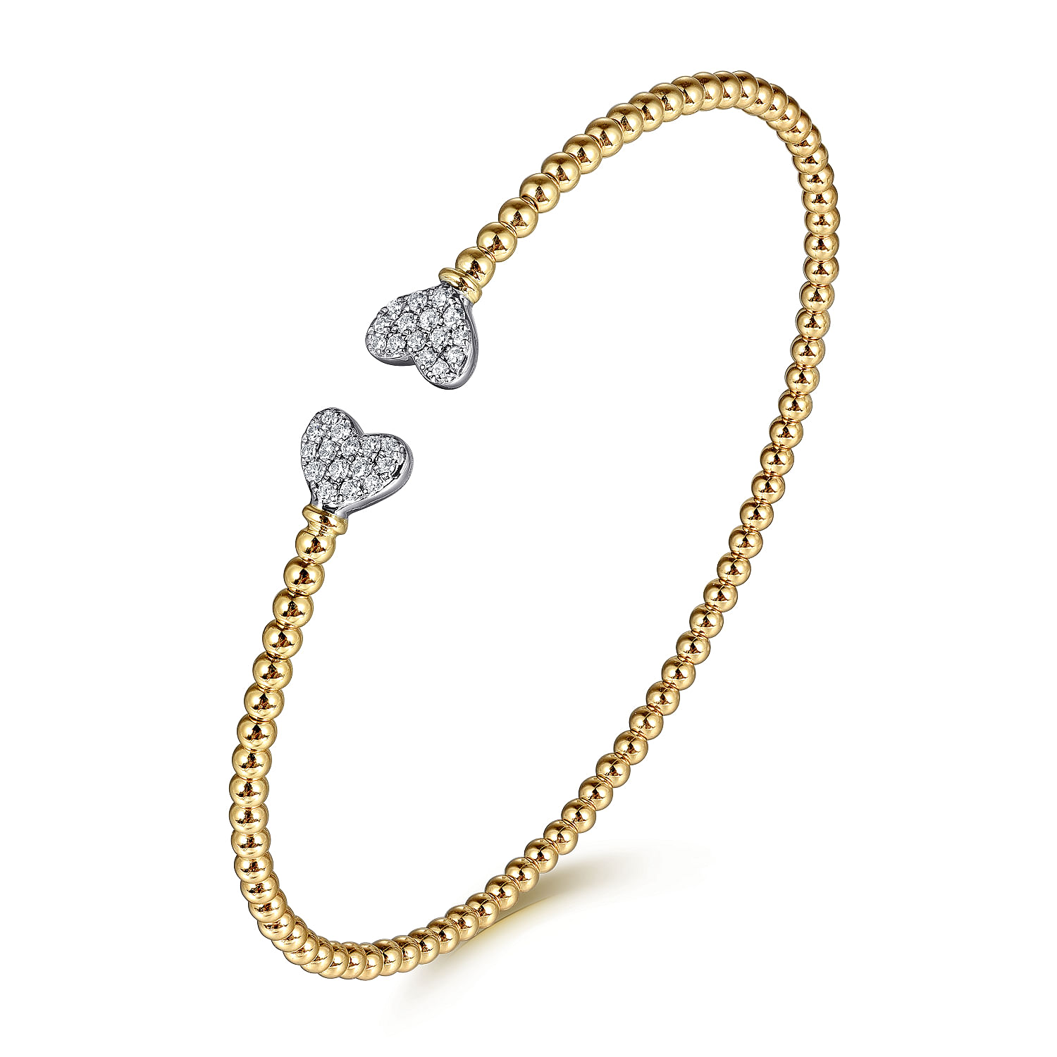 14K Yellow Gold Bujukan Split Cuff Bracelet with White Gold Pave Diamond Hearts - 0.19 ct - Shot 2