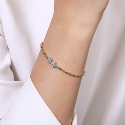 14K Yellow Gold Bujukan Split Cuff Bracelet with White Gold Pave Diamond Hearts