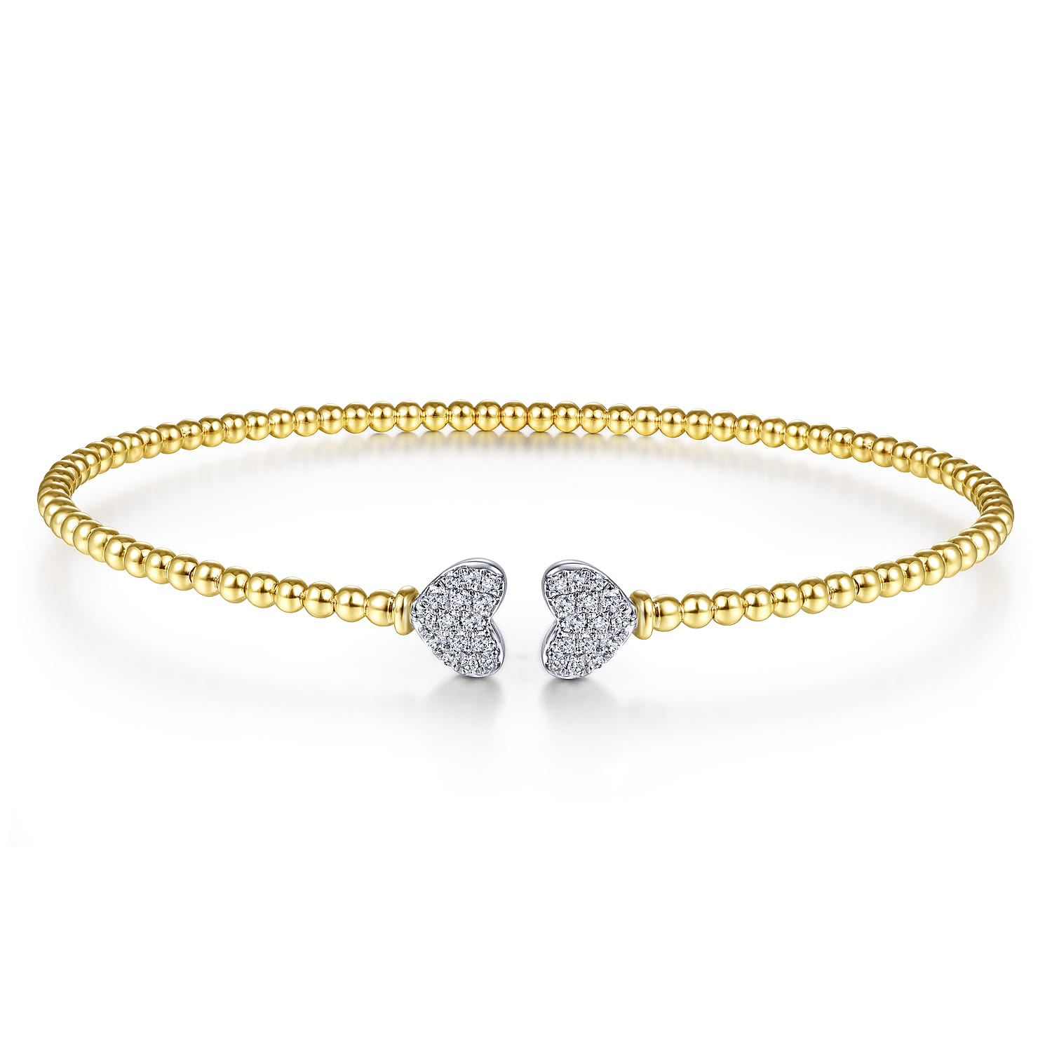 14K Yellow Gold Bujukan Split Cuff Bracelet with White Gold Pave Diamond Hearts - 0.19 ct - Shot 1