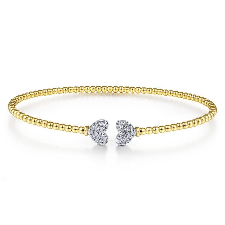 14K Yellow Gold Bujukan Split Cuff Bracelet with White Gold Pave Diamond Hearts - 0.19 ct - Shot 1