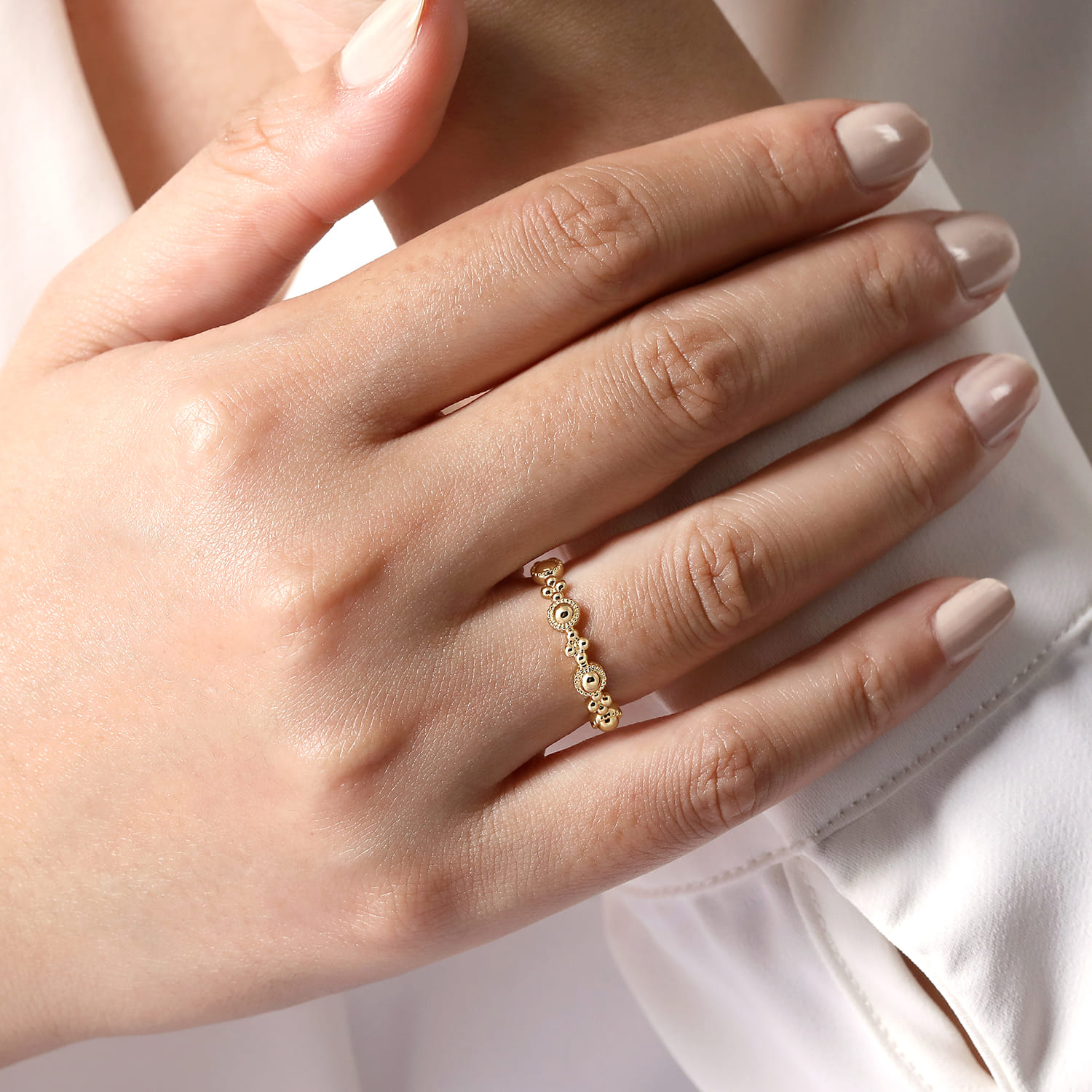 14K Yellow Gold Bujukan Station Delicate Stackable Ring - Shot 5