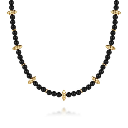 14K Yellow Gold Bujukan and Black Onyx Spike Station Bead Necklace