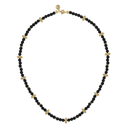 14K Yellow Gold Bujukan and Black Onyx Spike Station Bead Necklace