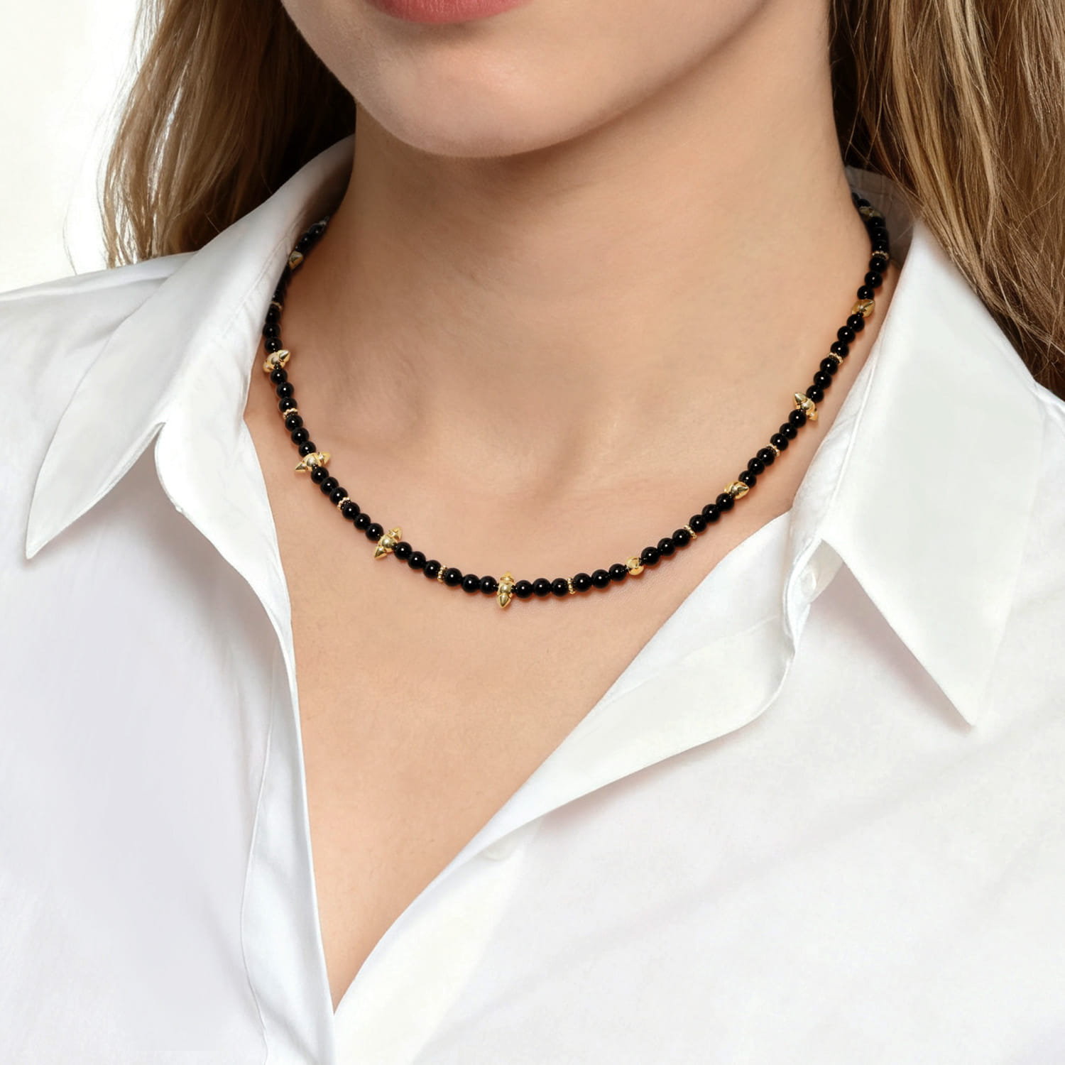 14K Yellow Gold Bujukan and Black Onyx Spike Station Bead Necklace - Shot 3