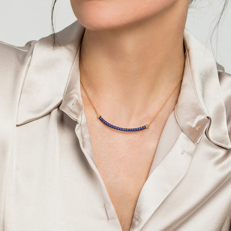 14K Yellow Gold Bujukan and Blue Sapphire Bar Necklace - Shot 3