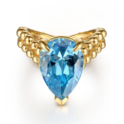 14K Yellow Gold Bujukan and Blue Topaz Chevron Ring