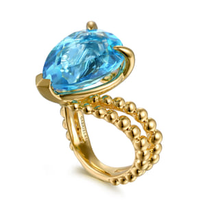 14K Yellow Gold Bujukan and Blue Topaz Chevron Ring