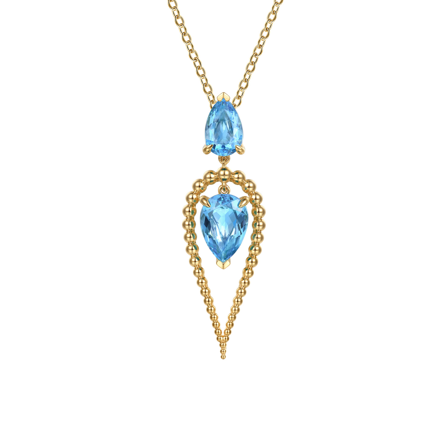 14K Yellow Gold Bujukan and Blue Topaz Pear Shape Pendant Drop Necklace - Shot 1