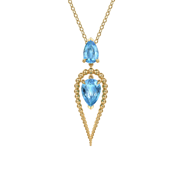 14K Yellow Gold Bujukan and Blue Topaz Pear Shape Pendant Drop Necklace - Shot 1