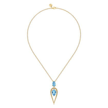14K Yellow Gold Bujukan and Blue Topaz Pear Shape Pendant Drop Necklace
