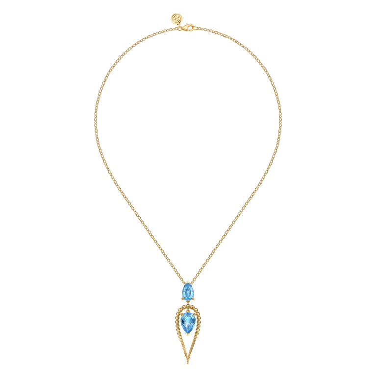 14K Yellow Gold Bujukan and Blue Topaz Pear Shape Pendant Drop Necklace - Shot 2