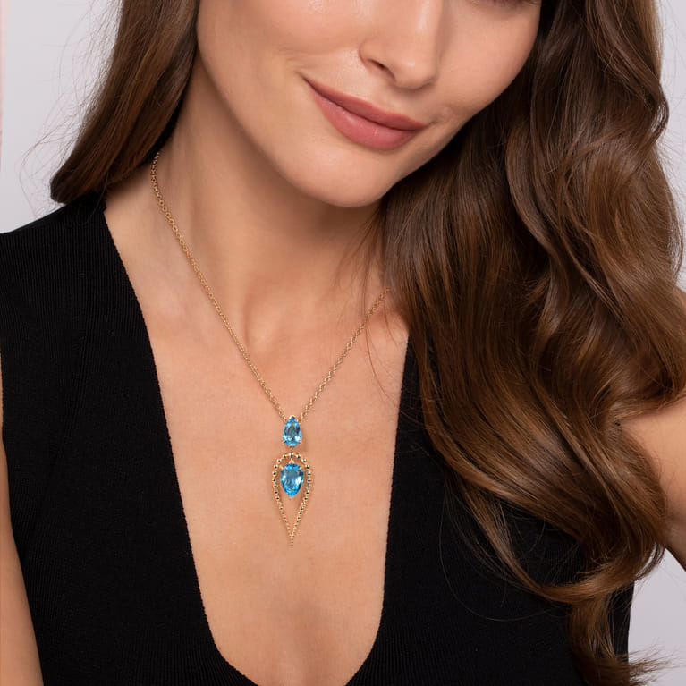 14K Yellow Gold Bujukan and Blue Topaz Pear Shape Pendant Drop Necklace - Shot 3