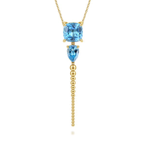 14K Yellow Gold Bujukan and Blue Topaz Pendant Drop Necklace