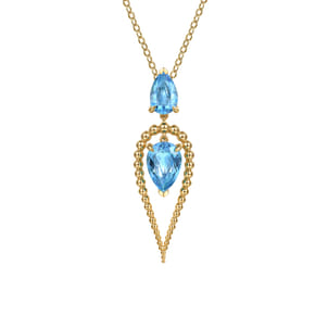 14K Yellow Gold Bujukan and Blue Topaz Pendant Drop Necklace