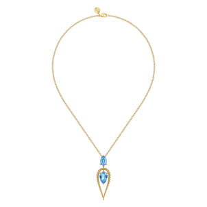 14K Yellow Gold Bujukan and Blue Topaz Pendant Drop Necklace