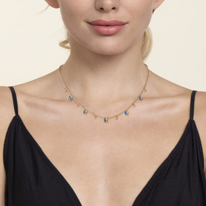 14K Yellow Gold Bujukan and Blue Topaz Station Necklace