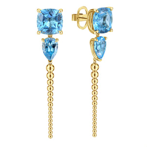 14K Yellow Gold Bujukan and Blue Topaz Stud Drop Earrings