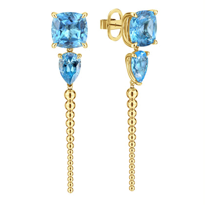 14K Yellow Gold Bujukan and Blue Topaz Stud Drop Earrings