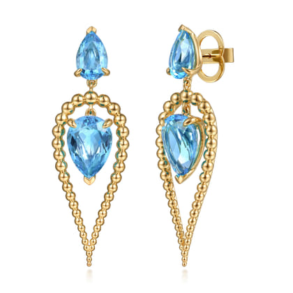 14K Yellow Gold Bujukan and Blue Topaz Stud Drop Earrings