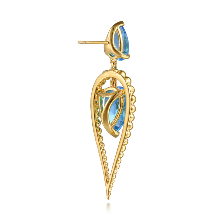 14K Yellow Gold Bujukan and Blue Topaz Stud Drop Earrings - Shot 2