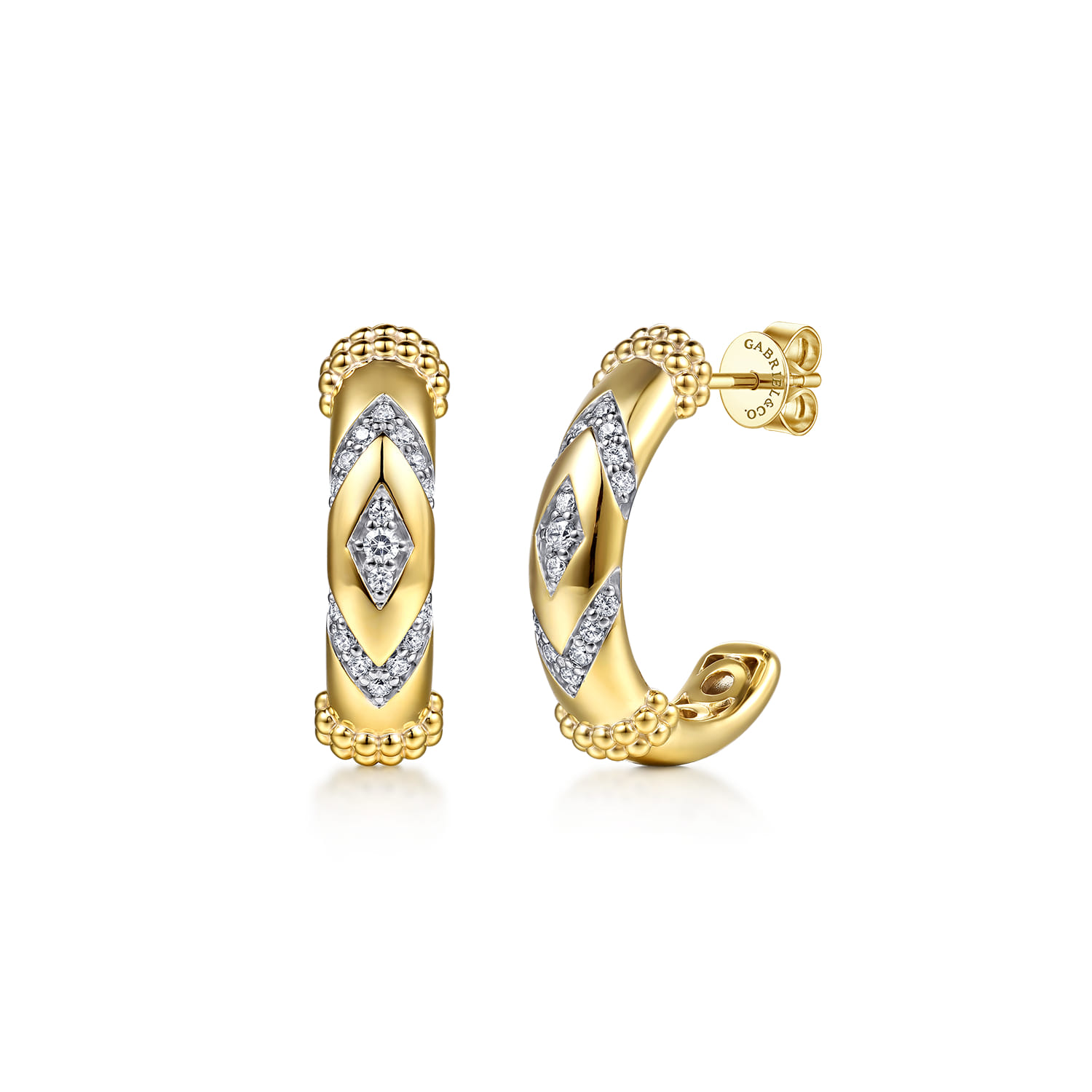 14K Yellow Gold Bujukan and Diamond Chevron J Hoop Earrings - 0.22 ct - Shot 1