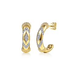 14K Yellow Gold Bujukan and Diamond Chevron J Hoop Earrings