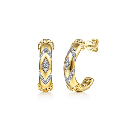 14K Yellow Gold Bujukan and Diamond Chevron J Hoop Earrings