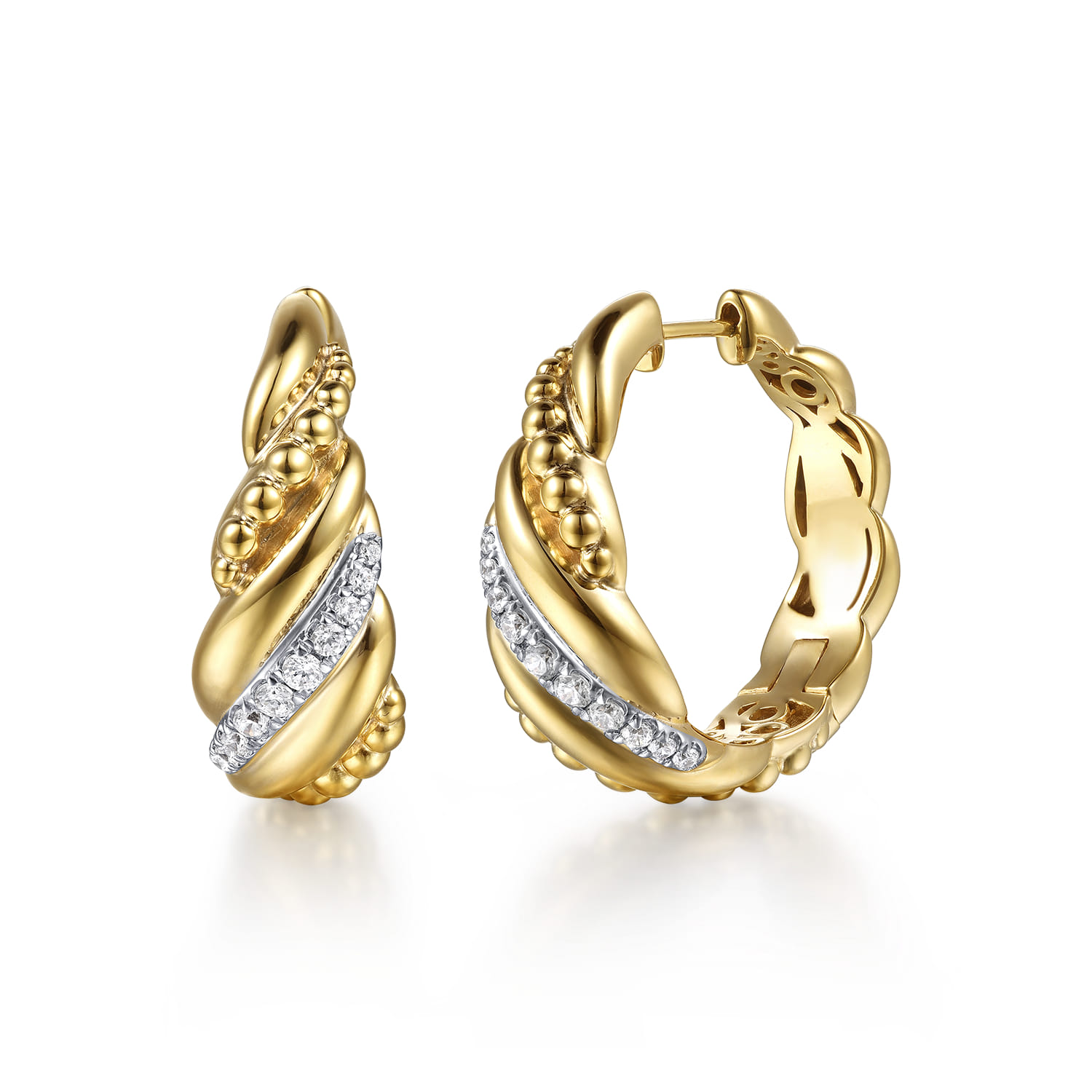 14K Yellow Gold Bujukan and Diamond Intricate Hoop Earrings - 0.3 ct - Shot 1
