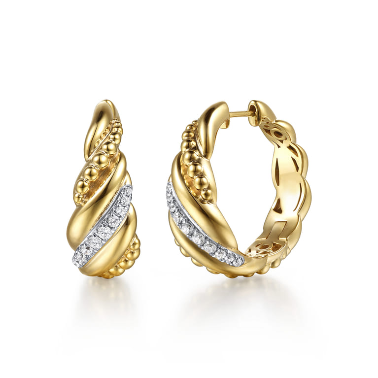 14K Yellow Gold Bujukan and Diamond Intricate Hoop Earrings - 0.3 ct - Shot 1