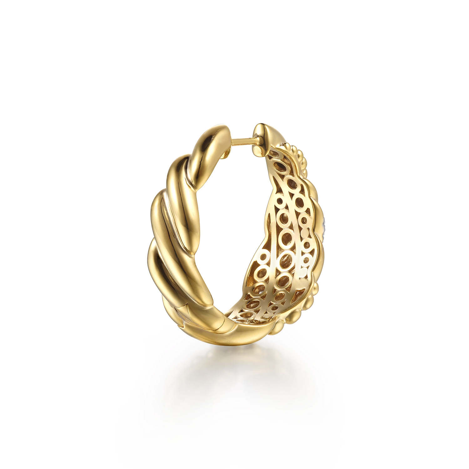 14K Yellow Gold Bujukan and Diamond Intricate Hoop Earrings - 0.3 ct - Shot 2