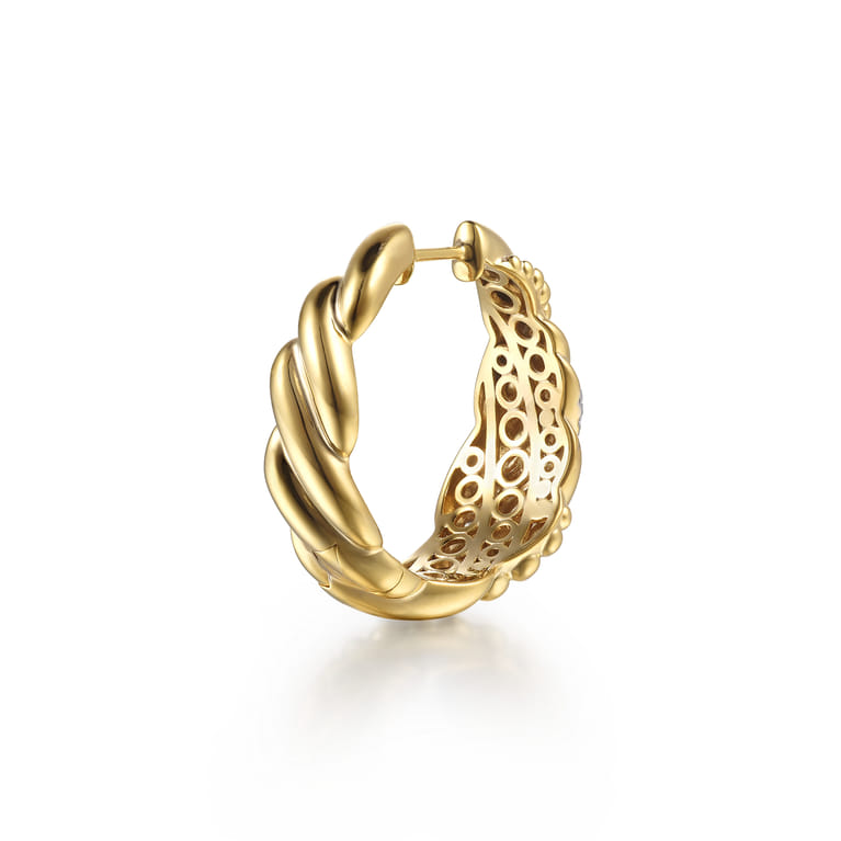 14K Yellow Gold Bujukan and Diamond Intricate Hoop Earrings - 0.3 ct - Shot 2