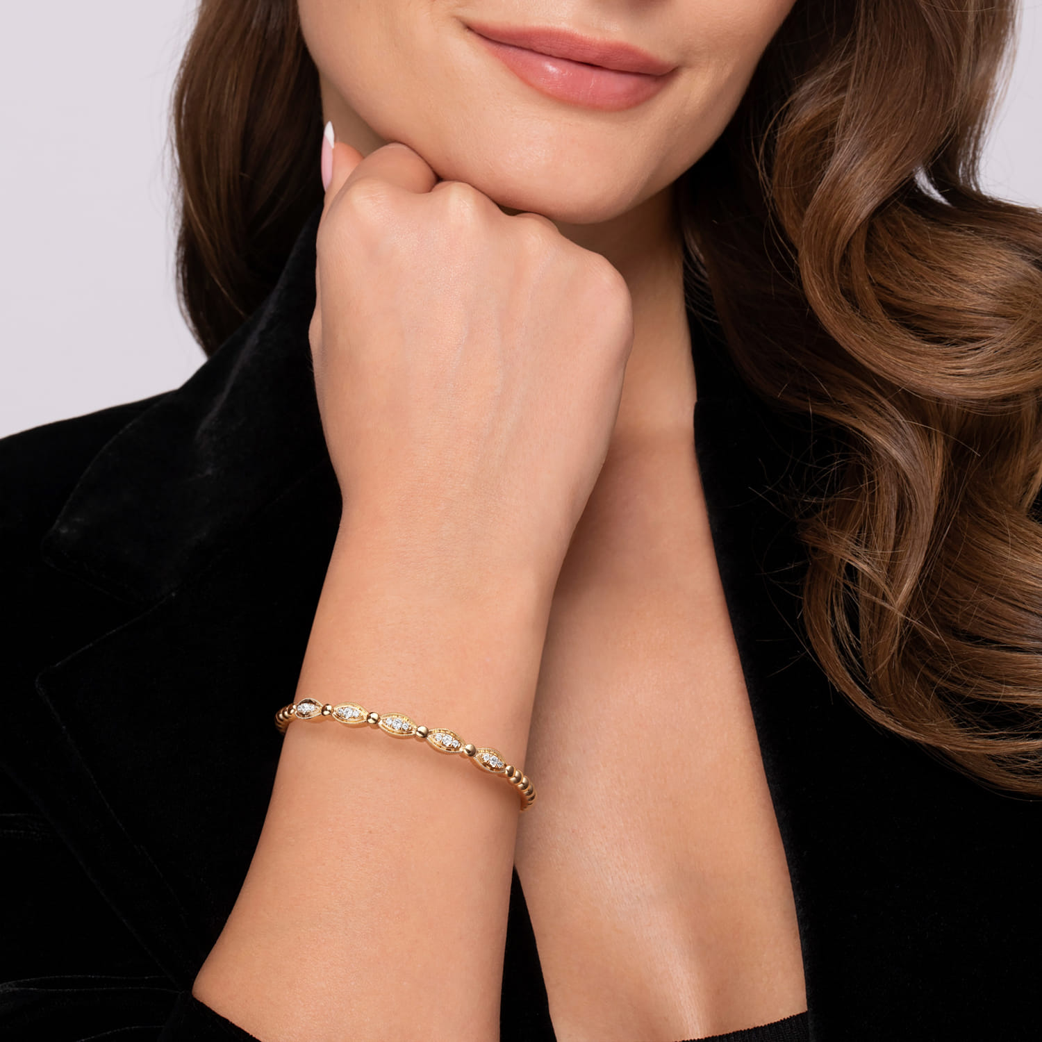 14K Yellow Gold Bujukan and Diamond Marquise Bar Bangle Bracelet - 0.35 ct - Shot 4