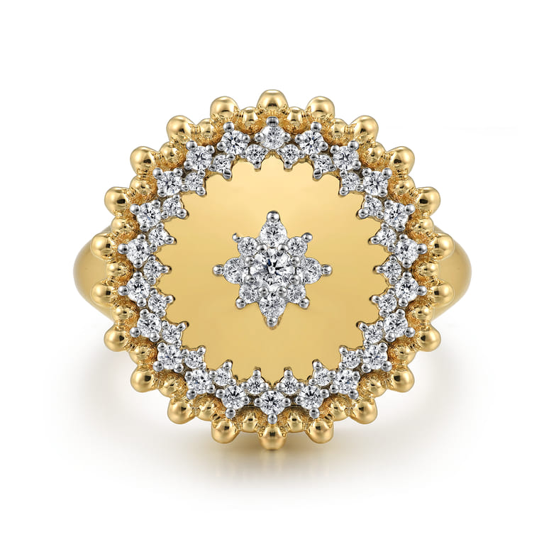 14K Yellow Gold Bujukan and Diamond Medallion Ladies Ring - 0.35 ct - Shot 1