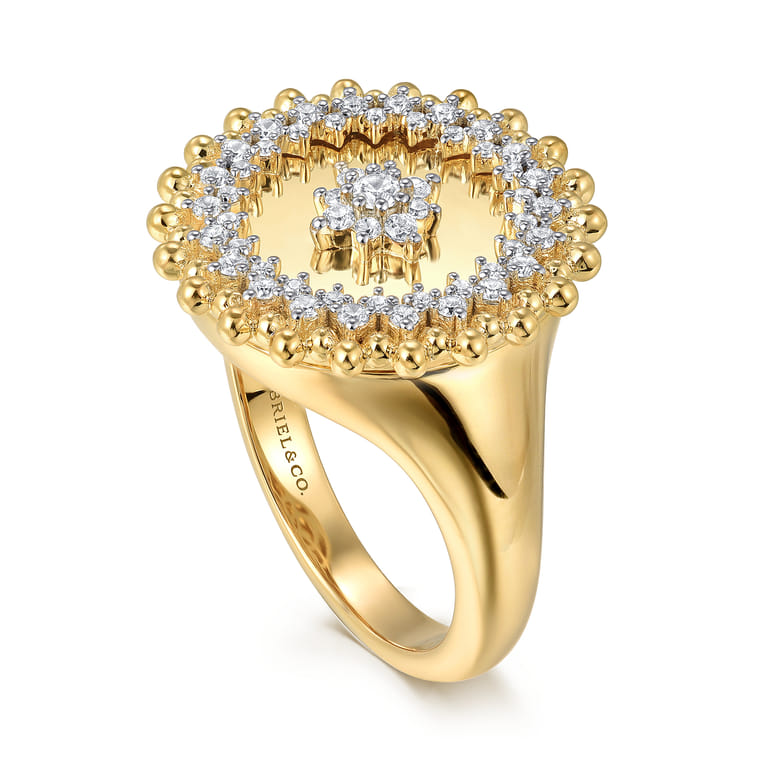 14K Yellow Gold Bujukan and Diamond Medallion Ladies Ring - 0.35 ct - Shot 3